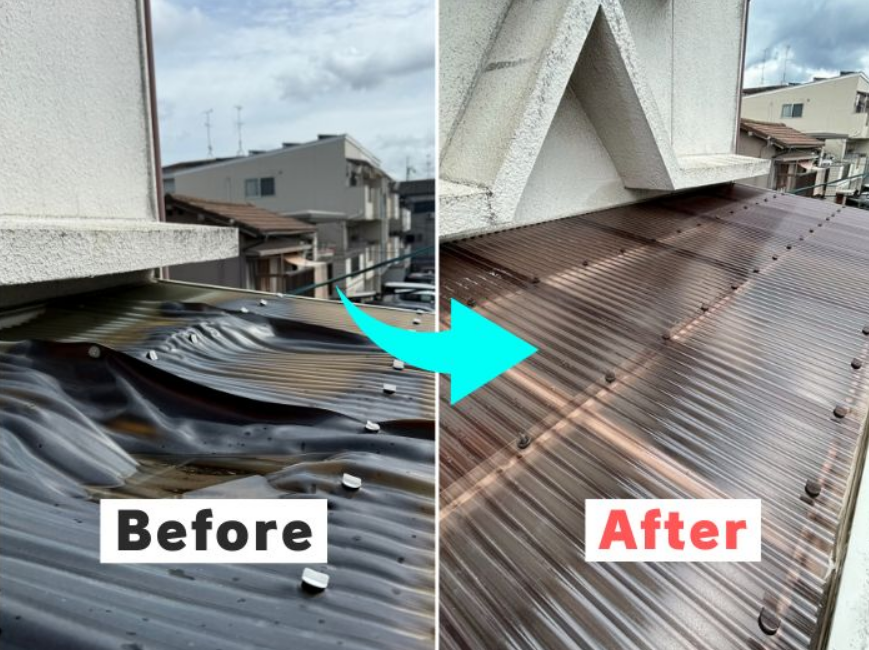 変形したベランダ屋根の張替え事例