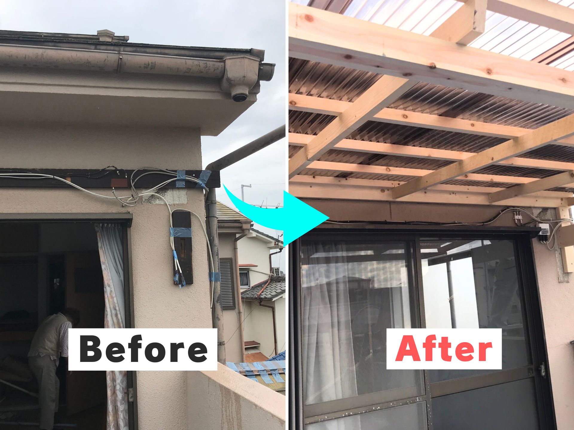 台風で壊れたテラス屋根を骨組みから復旧した事例