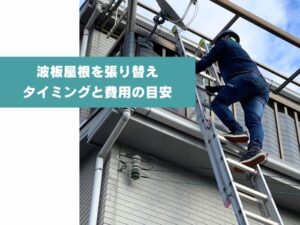 はしごをかけて2階ベランダ屋根の張替えスタート