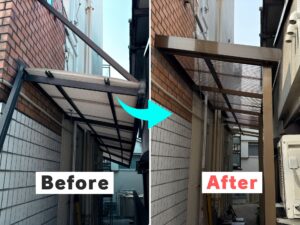 強風で変形したテラス屋根の撤去＆新設工事